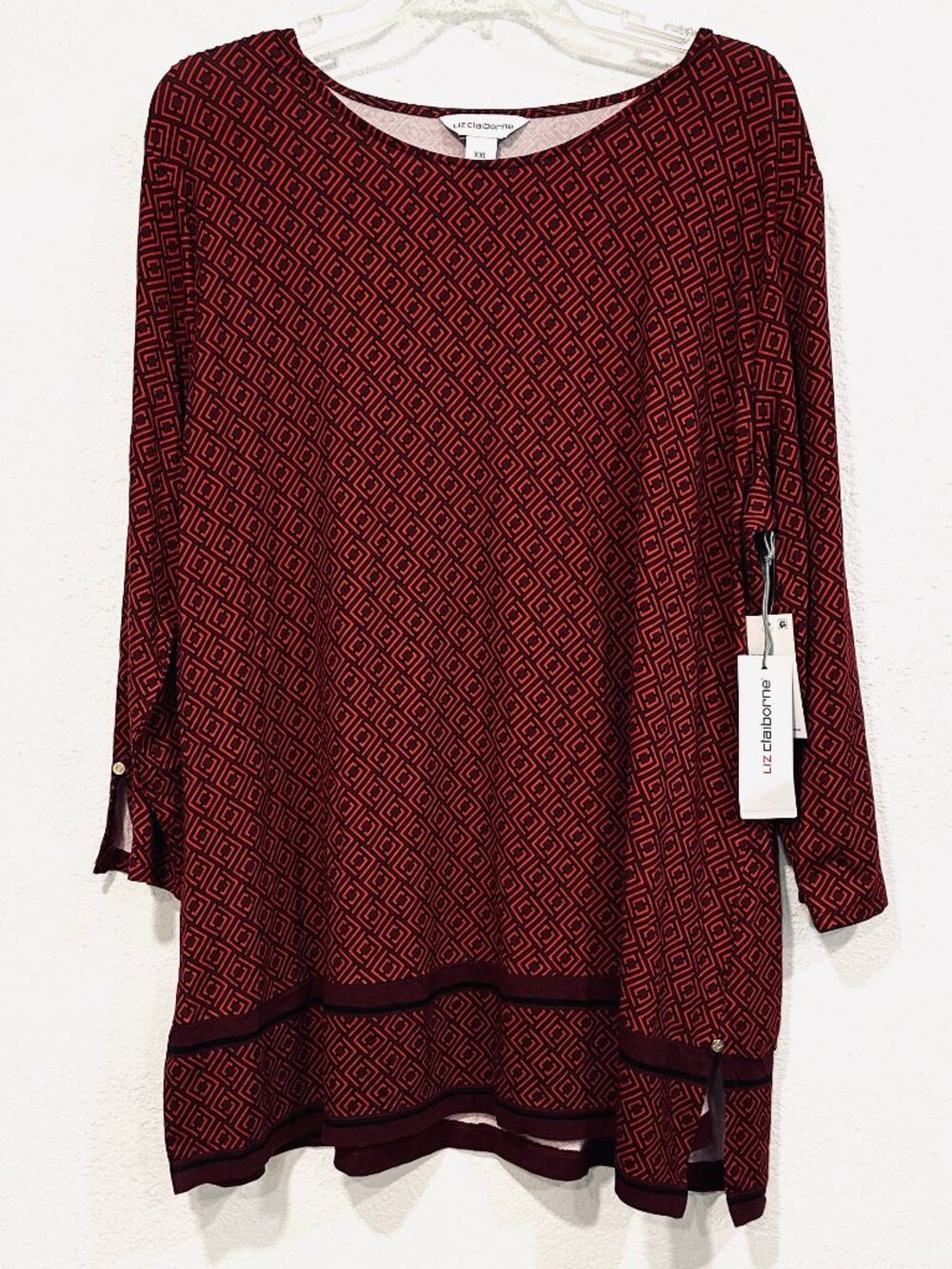 NWT Liz Claiborne Tunic Tip Stretch Burgundy Pattern 3/4 Sleeves Womens Size XXL